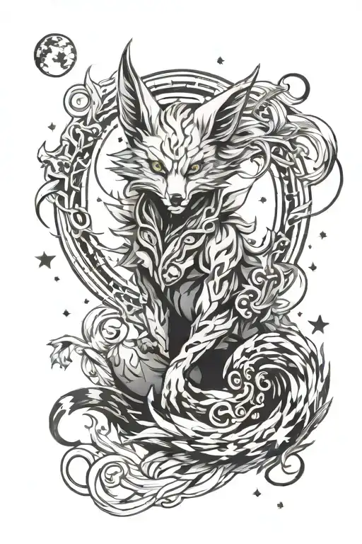 nine-tailed fox demon holding a mask with a phoenix painted on it, with the moon and stars in the background tattoo design idea