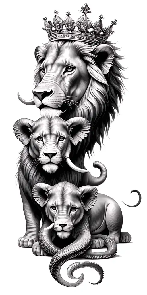 lion and cub with crown. elephant and snakes with flowers  tattoo design idea