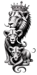 lion and cub with crown. elephant and snakes with flowers  tattoo design idea