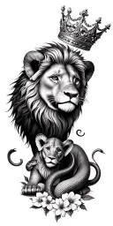 lion and cub with crown. elephant and snakes with flowers  tattoo design idea