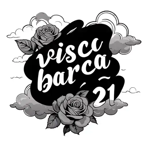 "visca barca" roses, number 21, clouds, some writing poetry tattoo design idea