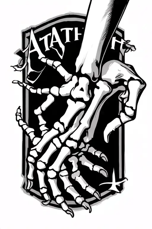 a man’s hand and a skeleton hand reaching towards each other diagonally and in the behind human hand the word attachment tattoo design idea