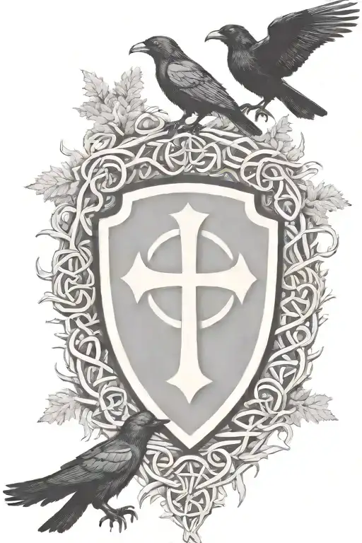 Rooker Family Crest with a celtic cross in a circle as a shield surrounded by cedar trees with  6 Crows tattoo design idea