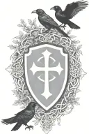 Rooker Family Crest with a celtic cross in a circle as a shield surrounded by cedar trees with  6 Crows tattoo design idea
