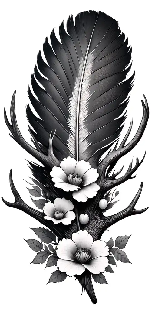 turkey feather and deer antler with flowers  tattoo design idea