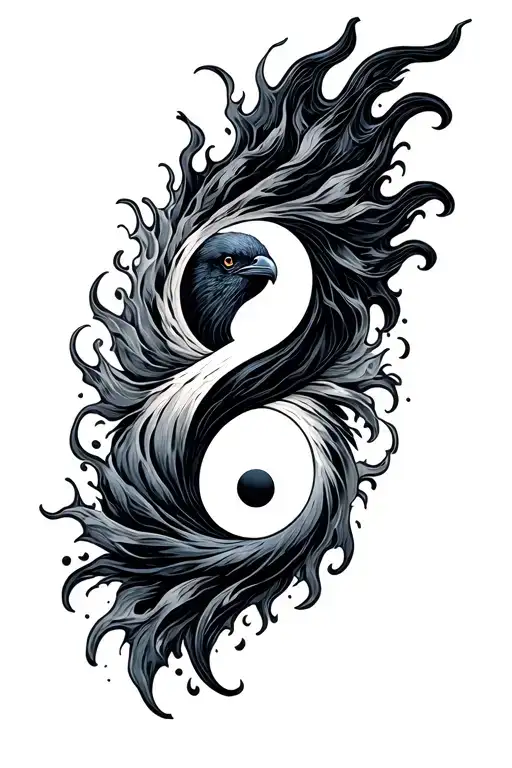 a Yin-Yang symbol formed by a flowing water wave (Yin) and rising flame (Yang). Above the symbol, a subtle shadowy raven tattoo design idea
