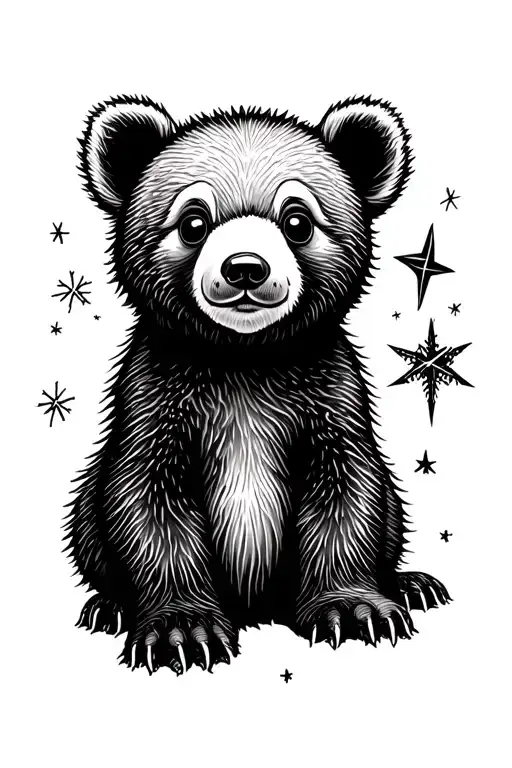 cute bear cub and north star tattoo design idea