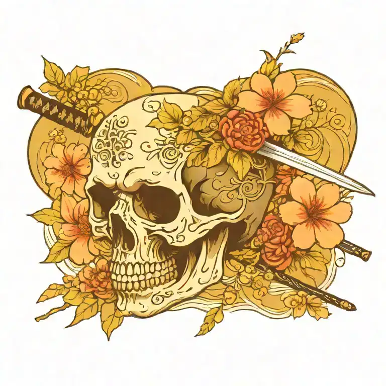 skull, sakura, katana slicing tattoo design idea