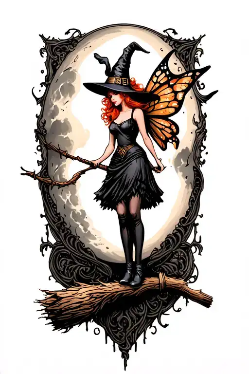 red headed sexy fairy witch on broom In front of moon tattoo design idea