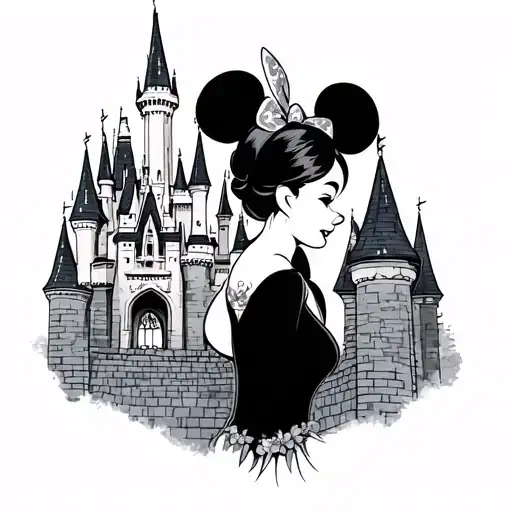 Disney Castle with lady profile with mickey ears headband  tattoo design idea