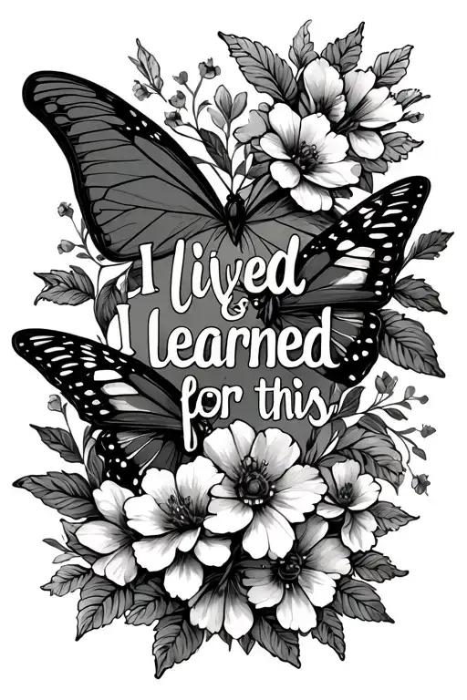 "I lived & I learned for this" butterfly and flowers tattoo design idea