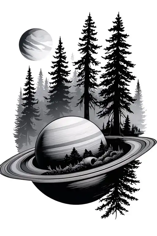 pnw forest with saturn tattoo design idea