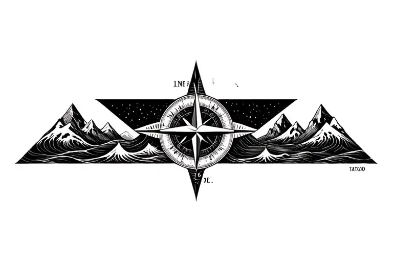 large compass surrounded by intricate geometric mountains and crashing waves, black and white, add triangle frame tattoo design idea