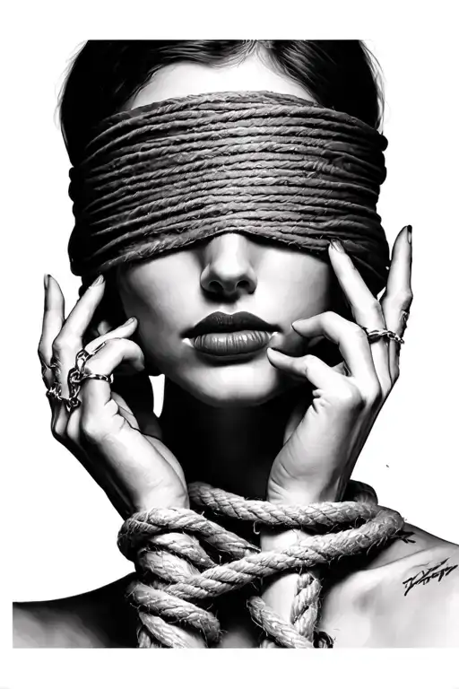 BDSM, woman face ,blindfolded, full lips, tied up hands with a rope.  tattoo design idea