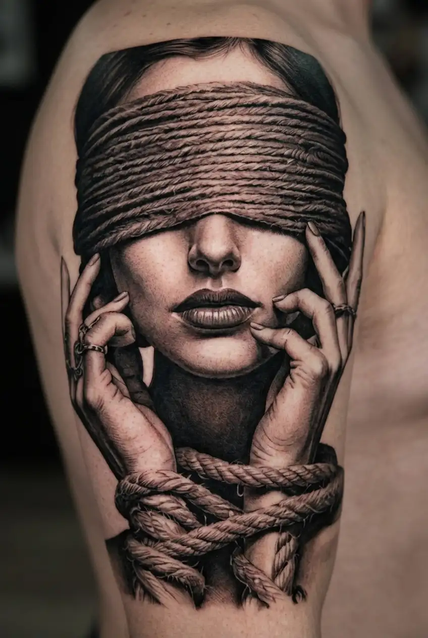 BDSM, woman face ,blindfolded, full lips, tied up hands with a rope.  tattoo design idea