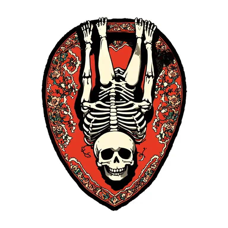 bored skeleton hanging upside down from a carpet bea tattoo design idea