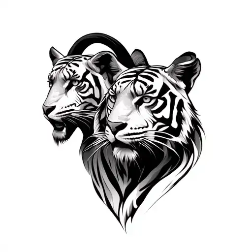 two tigers and a goat head tattoo design idea