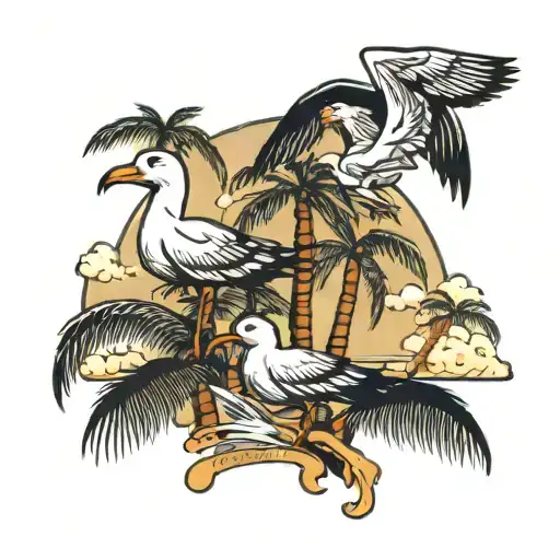 palm trees and six sea gulls  tattoo design idea