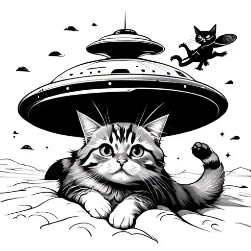 a cat being abducted by a ufo with a evil cat flying the ufo  tattoo design idea