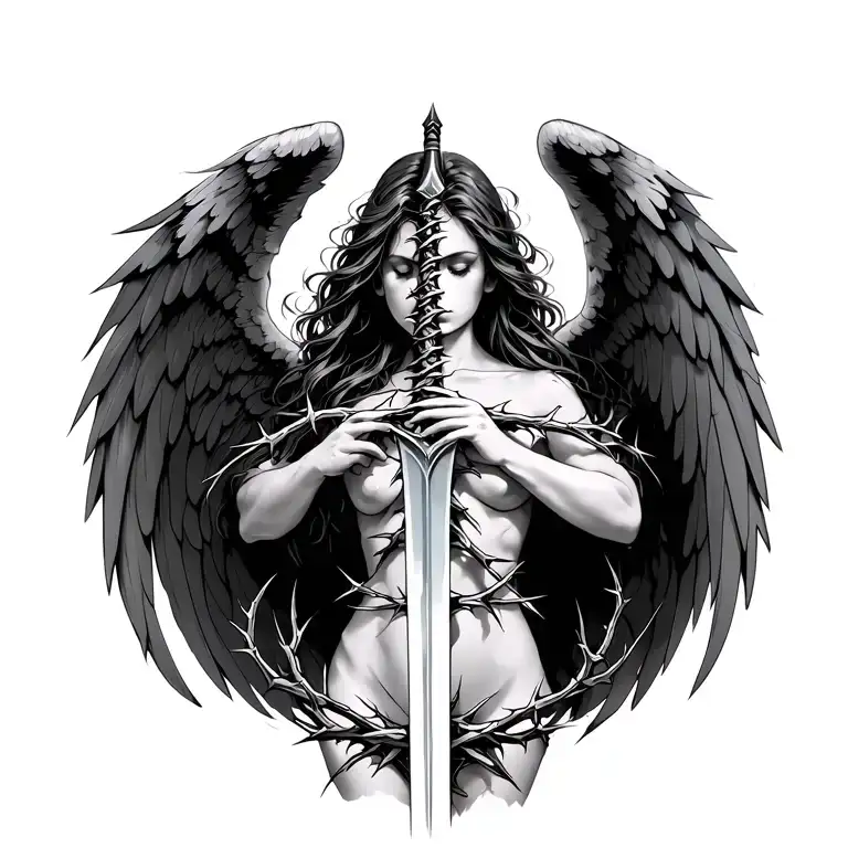 sword running down your spine with thorns wrapping around it and angel wings spreading across your lats  tattoo design idea