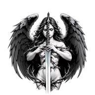 sword running down your spine with thorns wrapping around it and angel wings spreading across your lats  tattoo design idea