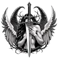 sword running down your spine with thorns wrapping around it and angel wings spreading across your lats  tattoo design idea