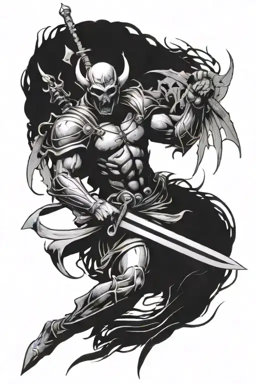 make a tattoo with an angle killing the devil in 3d holding a long sword straight like the angle Gabriel, I don't want t tattoo design idea