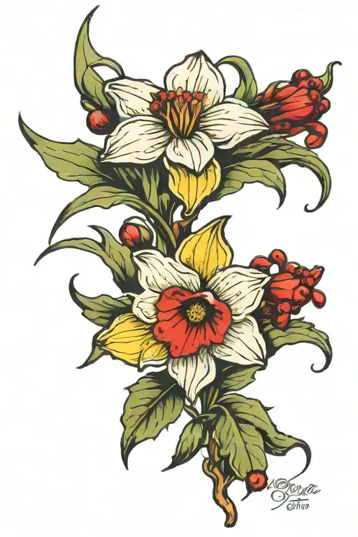 Holly berries And Narcissus flower tattoo design idea