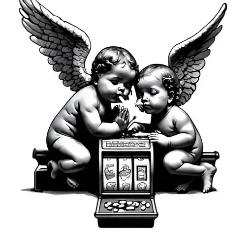 2 baby angels, one good one evil. Good one praying over the evil one is on a slot machine smoking a cigarette with pills tattoo design idea