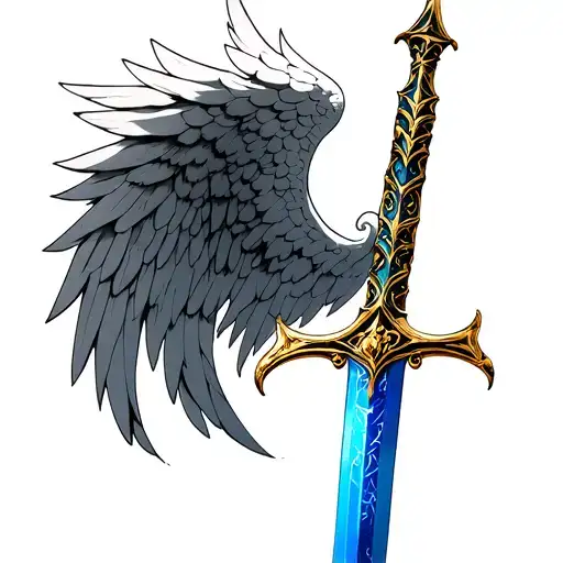 gold blue sword with Angel wings spread tattoo design idea