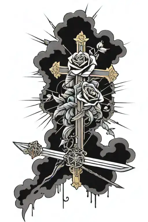 Cross with Romans 8:11 underneath of it with a sword with a rose and clouds in the background  tattoo design idea