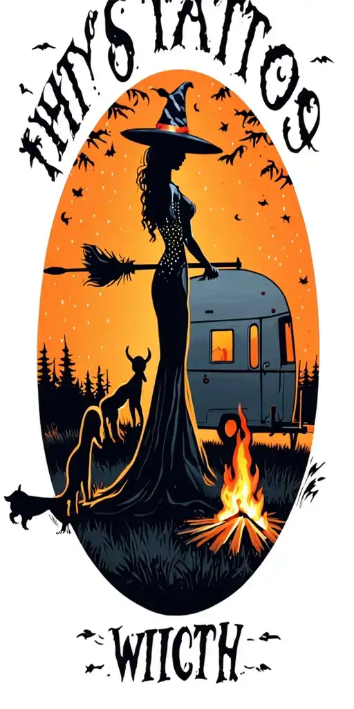 silhouette of busty sexy witch bride on broomstick over a campsite with a trailer and campfire with children & dog tattoo design idea