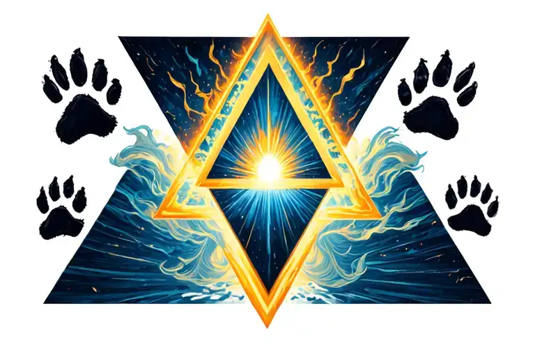 A triangle with a light beam entering one side of the triangle and coming out the other side are a series of dog paws tattoo design idea