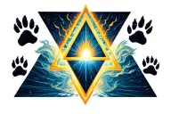 A triangle with a light beam entering one side of the triangle and coming out the other side are a series of dog paws tattoo design idea
