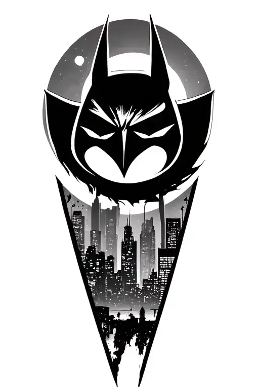 90's batman animated logo with gotham city skyline and the bat symbol as the moon tattoo design idea