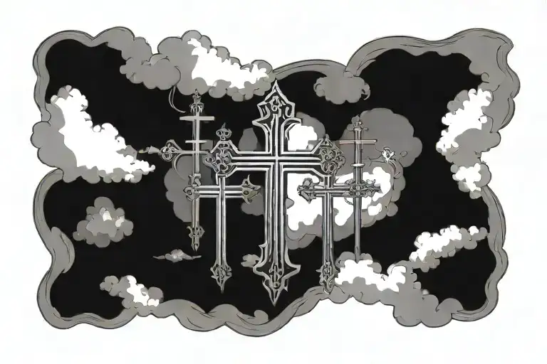 Three crosses surrounded by clouds surrounding tattoo design idea