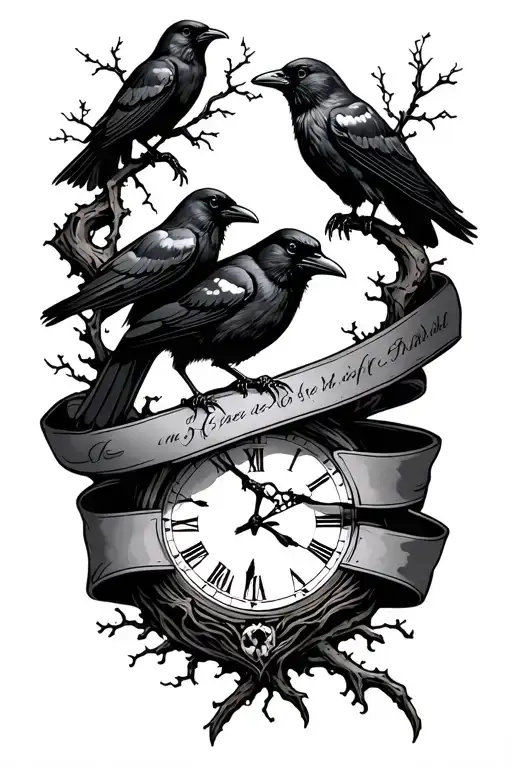 night sky filler, crows, tree branch, time, ribbon tattoo design idea