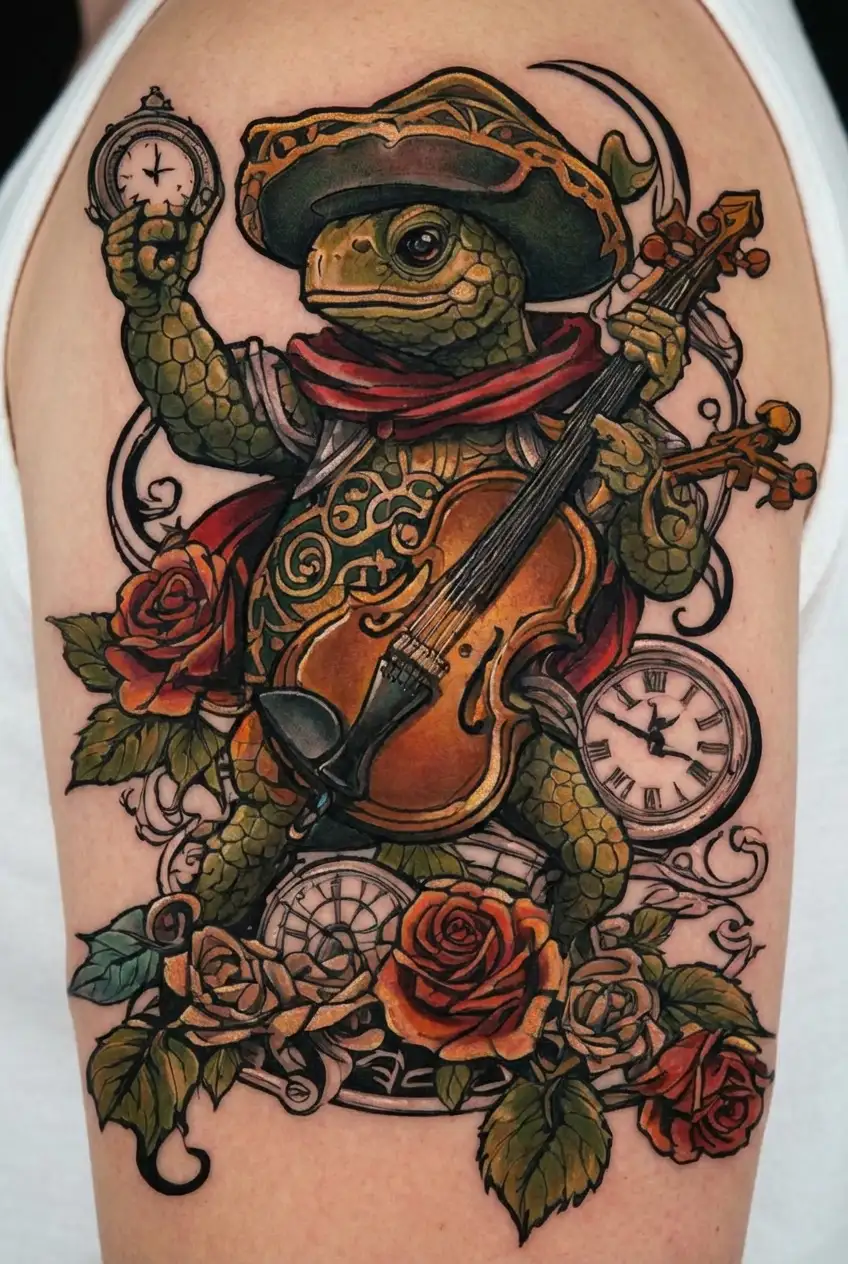 crusader playing the violin, the ocean, tortoise, roses, clocks tattoo design idea