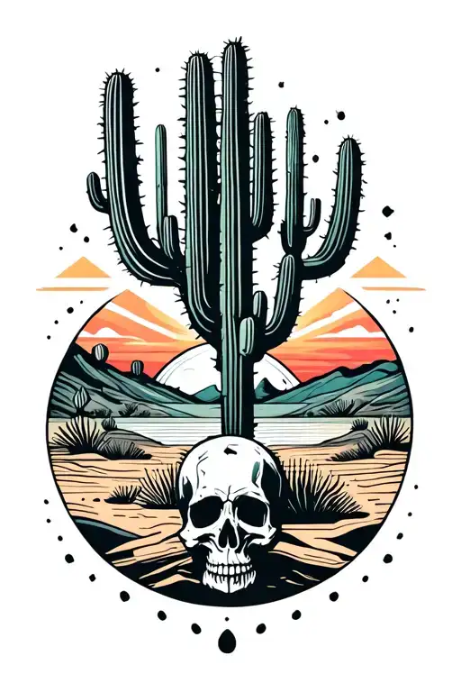 desert sunset with cactus and skull tattoo design idea