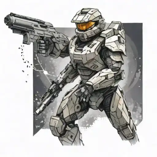 A futuristic Halo themed sleeve tattoo featuring Master Chief in battle, with intricate dotwork detailing tattoo design idea