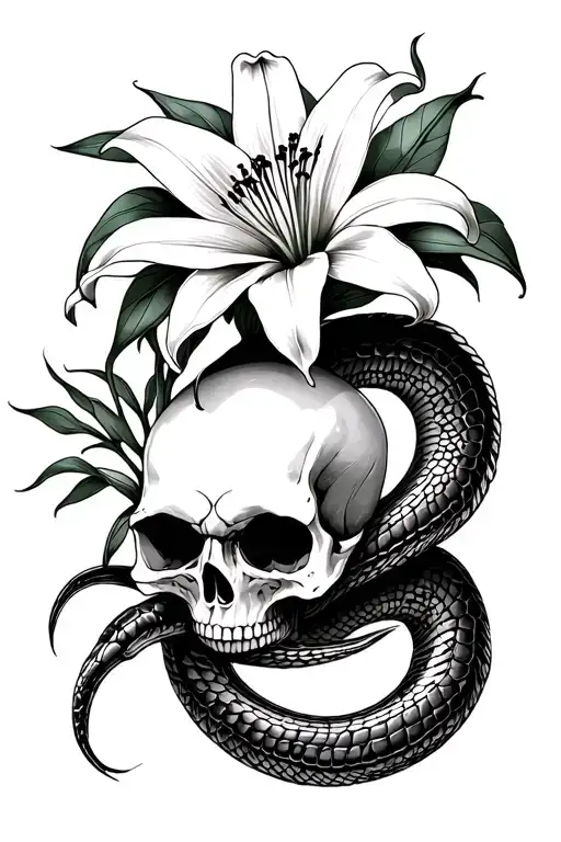 skull demon snake spider lily flower tattoo design idea