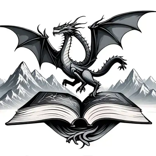 book with mountains and dragon flying tattoo design idea