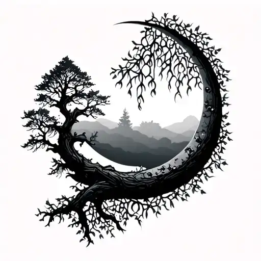 willow tree and moon tattoo design idea