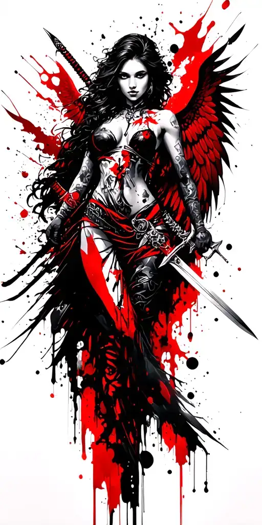  fantasy style female angel featuring swords and sorcery  tattoo design idea