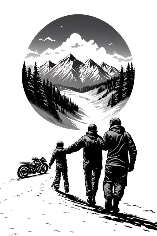 a road leading to mountains, dad and child holdning hands, motorbikes, ice hockey,  tattoo design idea