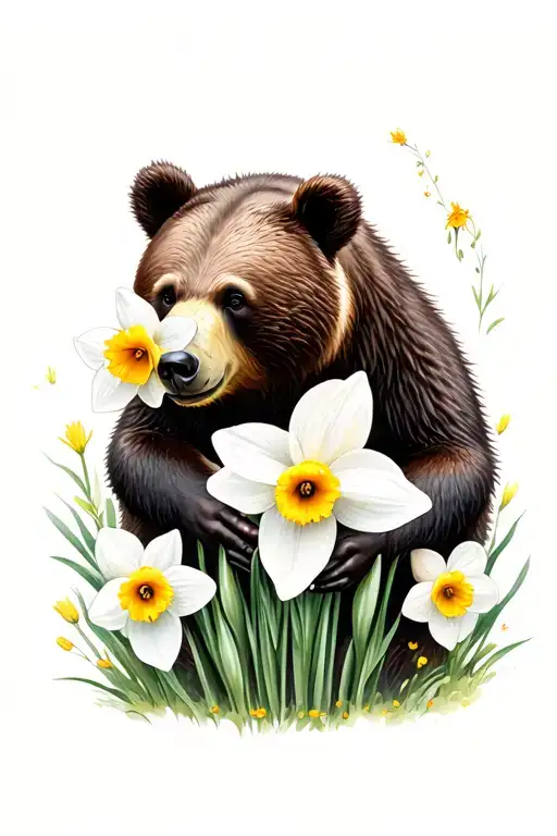 bear smelling narcissus flowers tattoo design idea