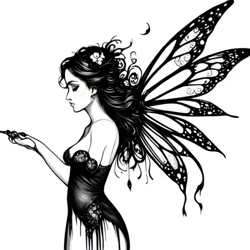 small, extreme fine line, sketchy design, dark, fairy woman tattoo design idea