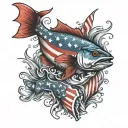 full tattoo arm sleeve American flag background, incorporate smaller fish American red snapper, sea trout, red fish, fis tattoo design idea