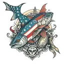 full tattoo arm sleeve American flag background, incorporate smaller fish American red snapper, sea trout, red fish, fis tattoo design idea