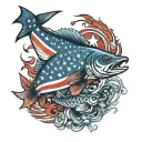 full tattoo arm sleeve American flag background, incorporate smaller fish American red snapper, sea trout, red fish, fis tattoo design idea